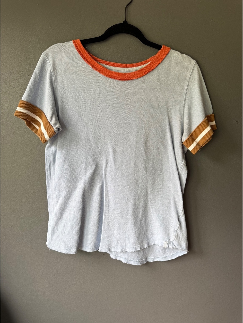 Free People Medium Light Blue Knit Tee with Orange and Brown Trim